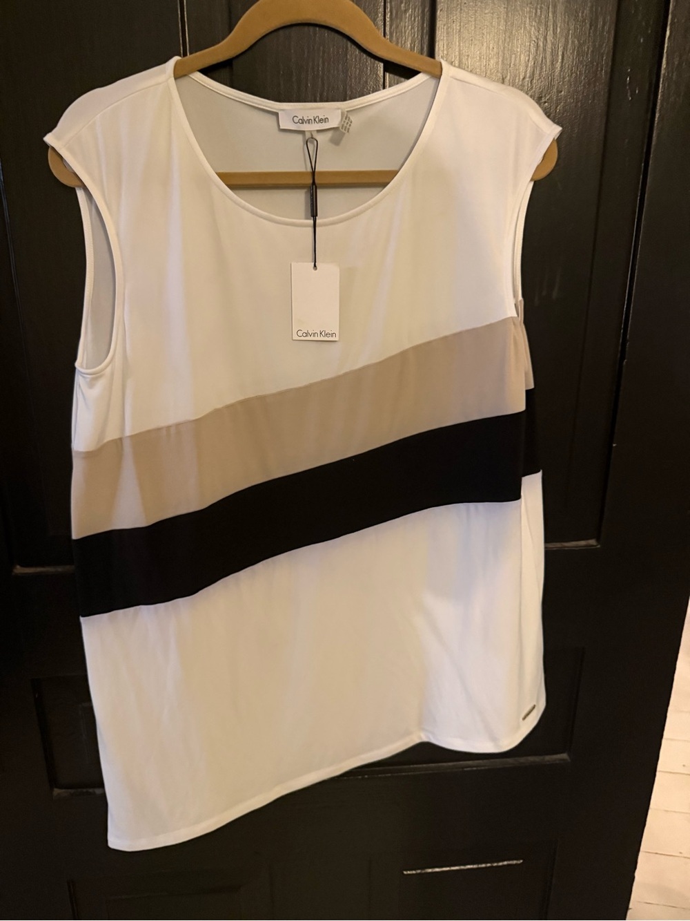 Calvin Klein White Tank Top with Beige and Black Diagonal Stripes